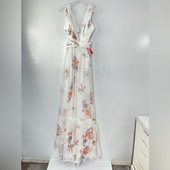 Mac Duggal 67940 Size 2 Floral Print Cutout Waist Tiered White Multicolor Dress - Picture 2 of 10